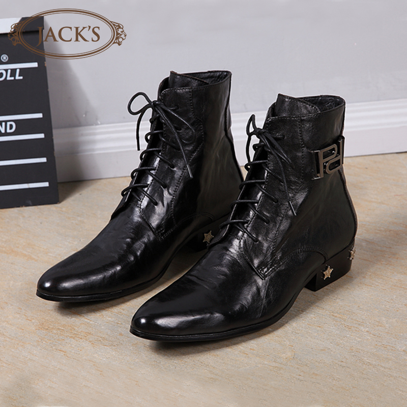 JACKS fashion Korean version of short boots pointed leather shoes lace up men's high stage boots business Martin boots men's tide