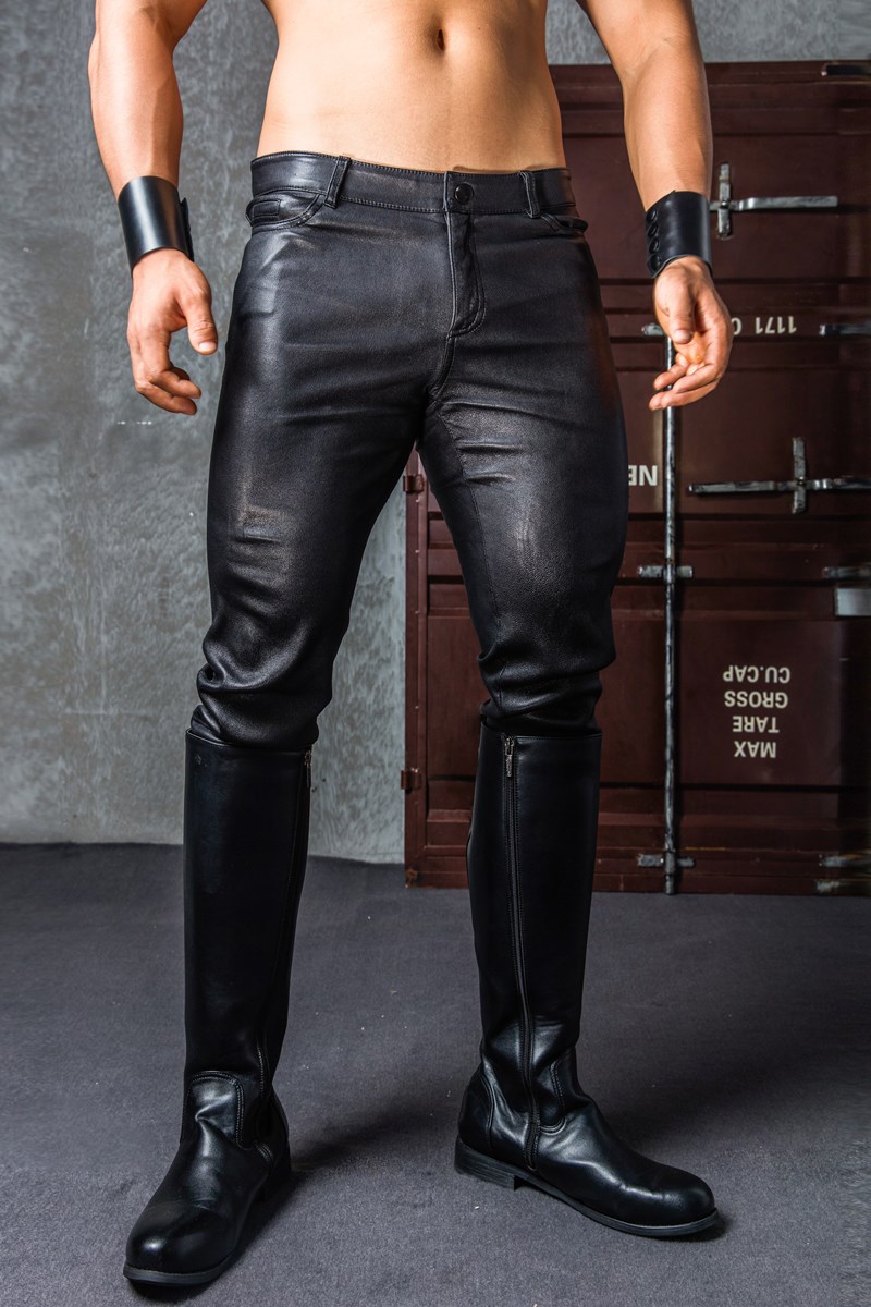 High-end custom high elastic leather skin men's small foot pants tight body jeans with classic style
