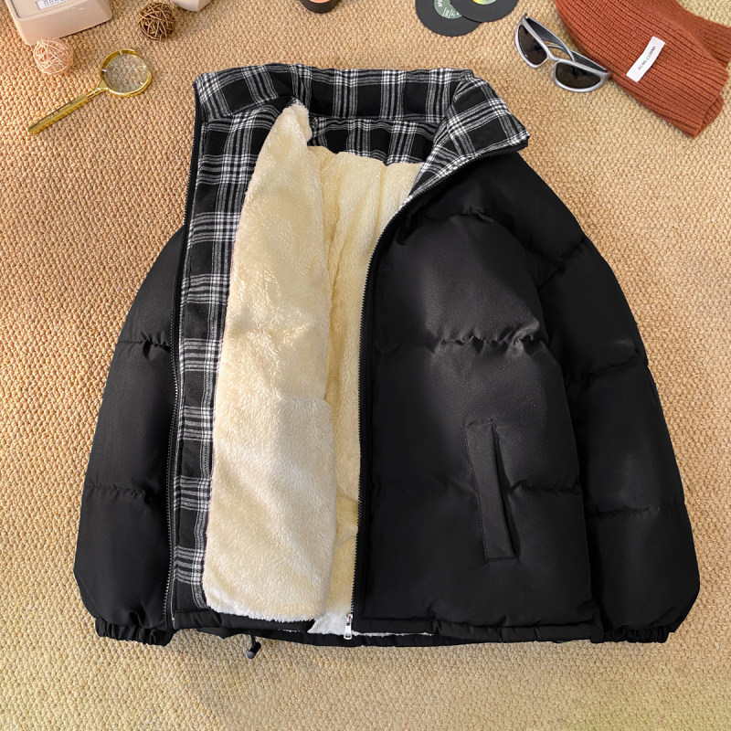 Winter Quilted Jacket for Men and Women with Plaid Design, High-End Color-Blocking down Jacket, Stand-Up Collar, Warm Padded Coat