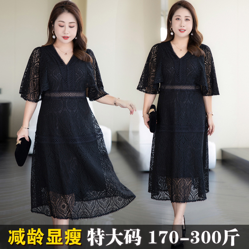 150kg Extra Large French Style Dress for Women 200+ Lbs Summer Covering Belly and Hiding Fat, Elegant Black Lace Dress 150kg Extra Large French Style Dress for Women 200+ Lbs Summer Covering Belly and Hiding Fat, Elegant Black Lace Dress