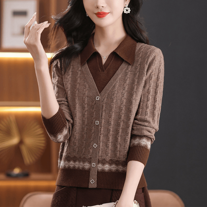 Lapel Long-Sleeved Mother's Knit Sweater, New Autumn and Winter Pullover, Retro Women's Blouse, Stylish and Age-Reducing Top for Women