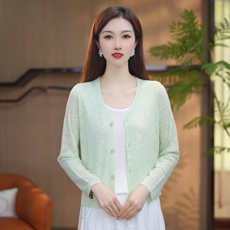 Beautiful, Age-Reducing, Thin Sun Protection Shirt, New Summer Knitted Cardigan, Fashionable Solid Color, Elegant, Age-Reducing Long-Sleeved Air-Conditioning Shirt