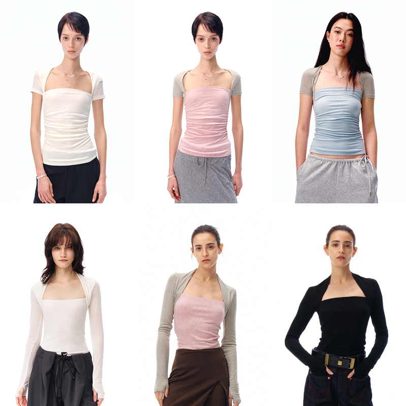 Oyea Lyocell Wool Blend Ballet-Style Right-Angle Shoulder Lightweight Stretchy Pleated Tube Top Short-Sleeve Top
