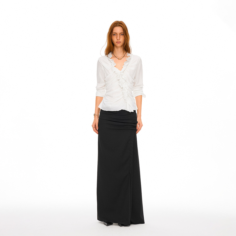 Oyea French Boho Style Acetate Ruffle Pleated Long Sleeve Open Front Shirt Ruffled Boho Shirt