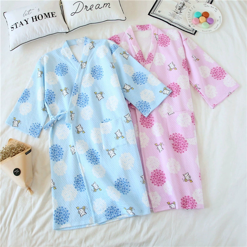 Lớp không khí dệt kim cotton tinh khiết của phụ nữ mùa thu và mùa đông, kimono, áo choàng tắm, áo choàng, áo choàng ngủ, áo choàng tắm, ấm dài 1-2 - Night Robe