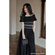 Ximeng 2024 ລະດູຮ້ອນໃຫມ່ອອກແບບຝຣັ່ງຂະຫນາດນ້ອຍ niche one-shoulder ສີດໍາ lazy style dress ສໍາລັບແມ່ຍິງ