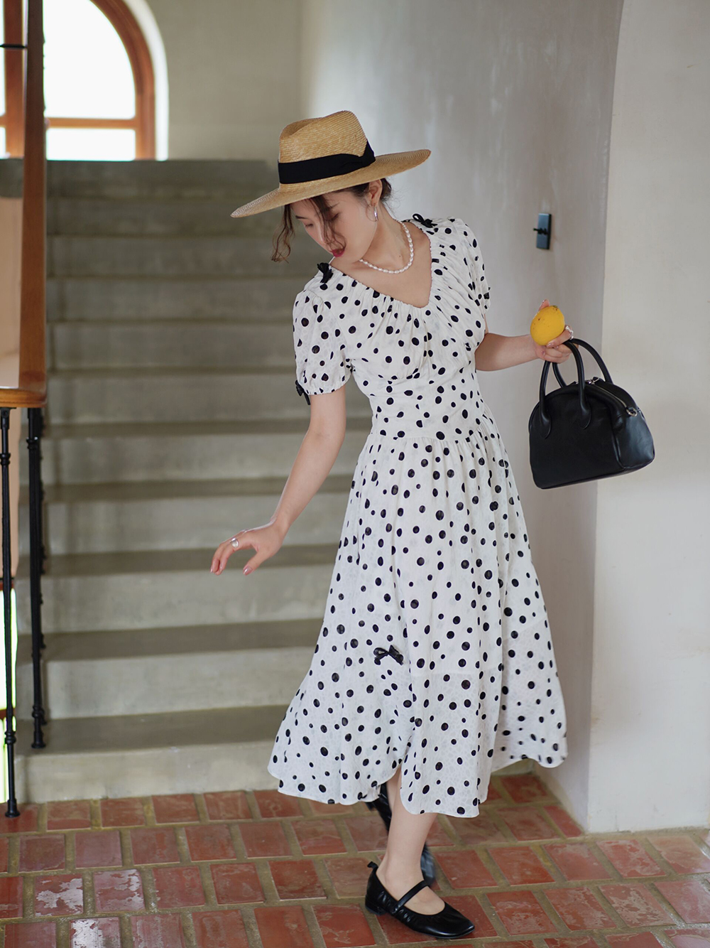 Black and white polka-dot rain imprint French retro salt-shrunk polka-dot  dress bowknot V-neck mid-length dress - Shop Wild Scenery One Piece Dresses  - Pinkoi