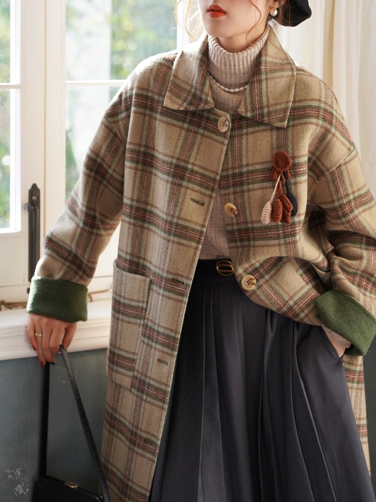 50s 60s ヘチマ襟 ウールチェックコート イタリア製？ 茶×緑 サイズ50 ブラウンチェック/グリーンのリバーシブル ブリティッシュレトロ