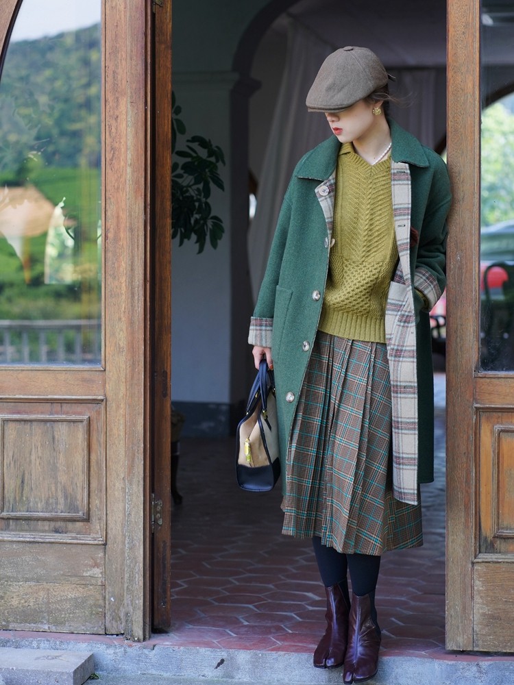 50s 60s ヘチマ襟 ウールチェックコート イタリア製？ 茶×緑 サイズ50 ブラウンチェック/グリーンのリバーシブル ブリティッシュレトロ