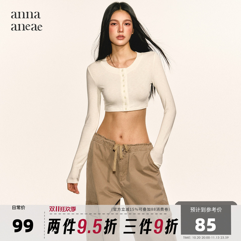 Anna Aneae White Button-Up Short Crop Top for Women, Autumn Slim-Fit Long-Sleeve Base Shirt, Trendy Anna Aneae White Button-Up Short Crop Top for Women, Autumn Slim-Fit Long-Sleeve Base Shirt, Trendy