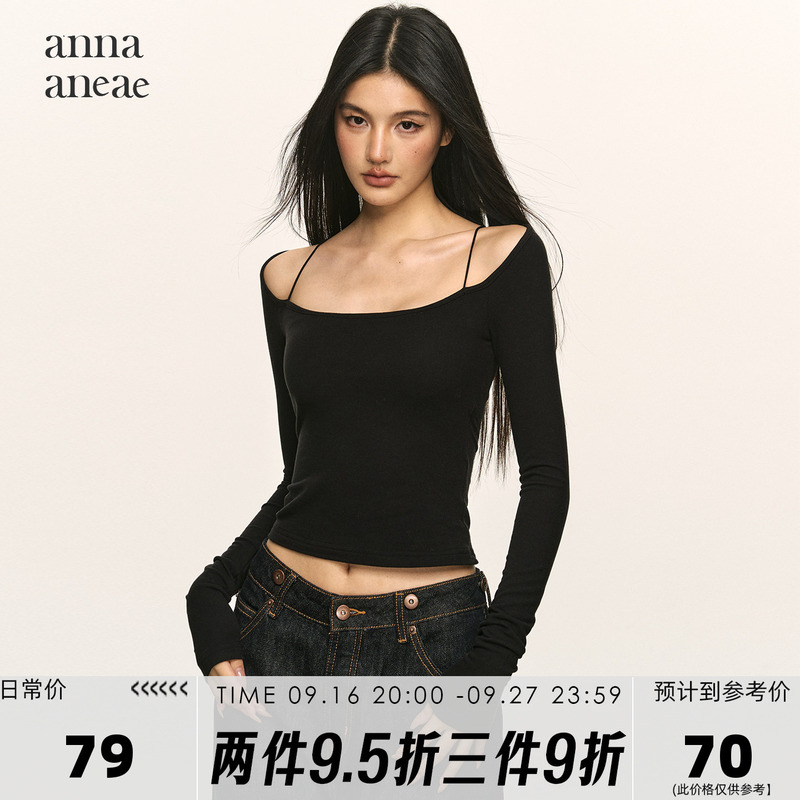 Anna Aneae Camisole Base Shirt Top for Women, Spring Black Spicy Girl Design, Off-Shoulder Short Long-Sleeve T-Shirt Anna Aneae Camisole Base Shirt Top for Women, Spring Black Spicy Girl Design, Off-Shoulder Short Long-Sleeve T-Shirt