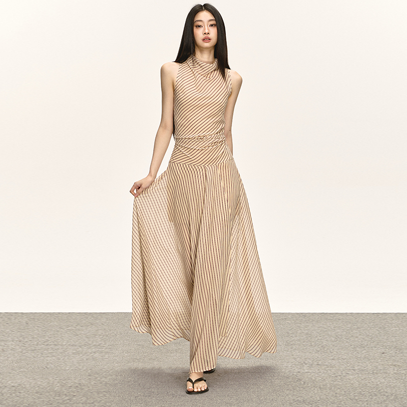 Anna Aneae Georgette Apricot Striped Dress for Women, Summer Design with Stand Collar, Slit, and Waist-Cinching Long Dress