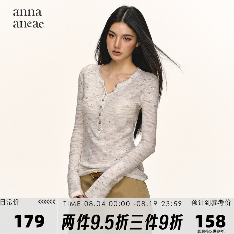 Anna Aneae Sequin Henry Collar Knitted Base Shirt for Women, Spring and Autumn, Slightly See-Through, Hollow-Out, Slim-Fit, Long-Sleeve Top