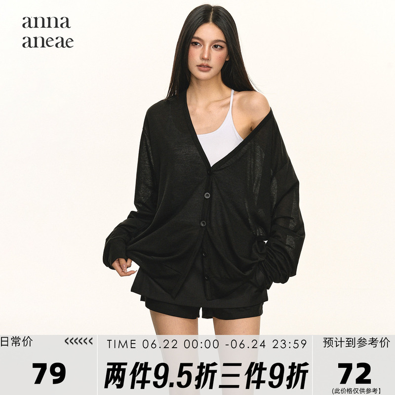 Anna Aneae Semi-Sheer Long-Sleeve Sun Protection Cardigan Jacket for Women, Suitable for Spring and Autumn, Casual Loose Fit, Versatile V-Neck Top