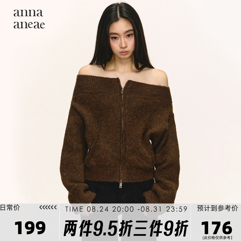 Anna Aneae Wool One-Shoulder Sweater for Women, Autumn and Winter, Hot Girl Style, Double Zipper Design, Coffee-Colored Knit Top Anna Aneae Wool One-Shoulder Sweater for Women, Autumn and Winter, Hot Girl Style, Double Zipper Design, Coffee-Colored Knit Top