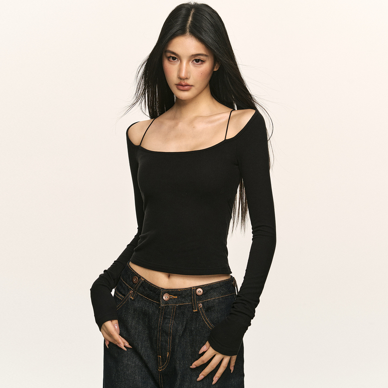 Anna Aneae Camisole Base Shirt Top for Women, Spring Black Spicy Girl Design, Off-Shoulder Short Long-Sleeve T-Shirt