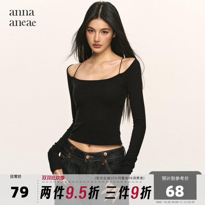 Anna Aneae Camisole Base Shirt Top for Women, Spring Black Spicy Girl Design, Off-Shoulder Short Long-Sleeve T-Shirt Anna Aneae Camisole Base Shirt Top for Women, Spring Black Spicy Girl Design, Off-Shoulder Short Long-Sleeve T-Shirt