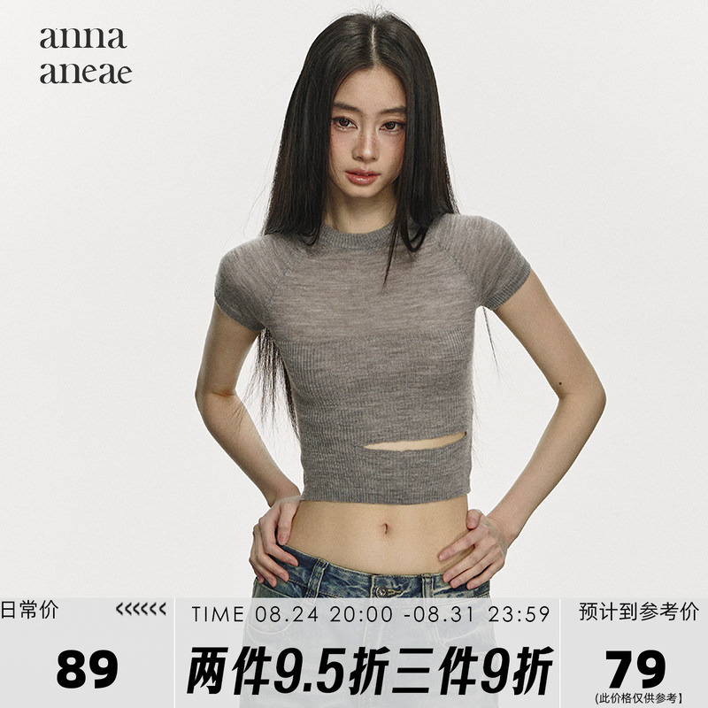 Anna Aneae Right Shoulder Short T-Shirt Women's Summer Hole Design Niche Round Neck Slim Sexy T-Shirt Top