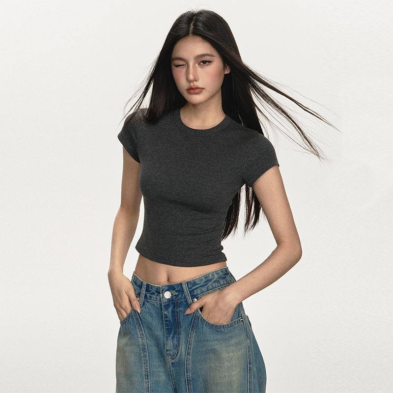 Anna Aneae Women's Summer Short Versatile Slim-Fit Round Neck Short-Sleeve Knit Top