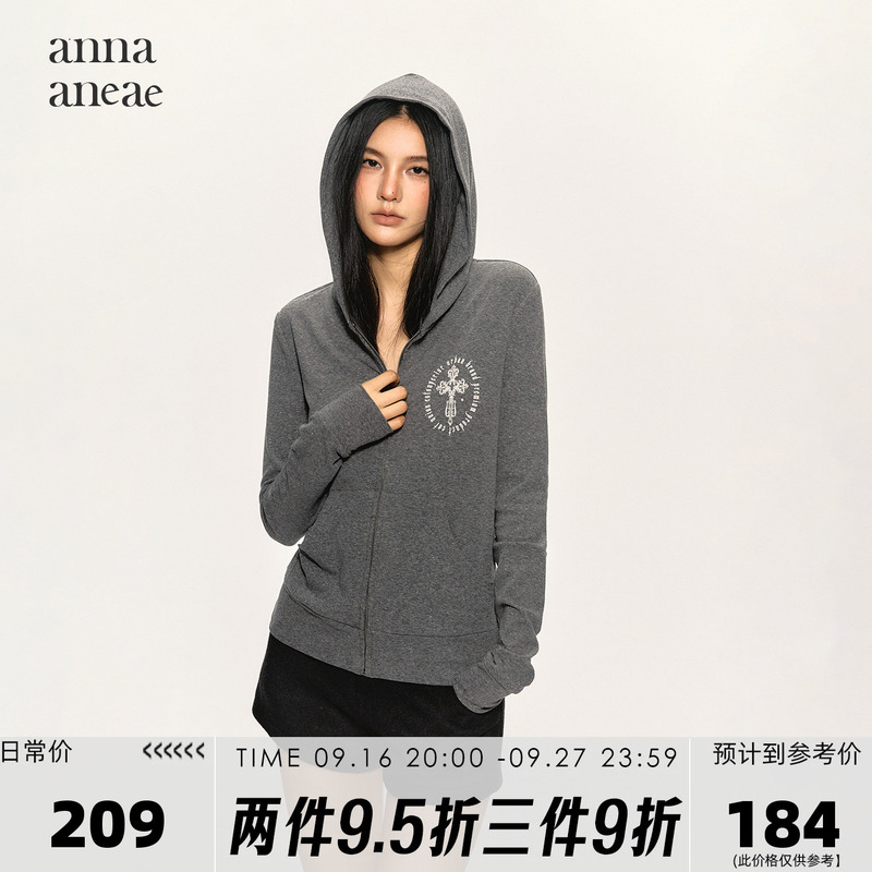Anna Aneae American-Style Cross Print Sweatshirt for Women, Autumn Slim-Fit Zip-Up Hooded Cardigan, Casual Trendy Jacket