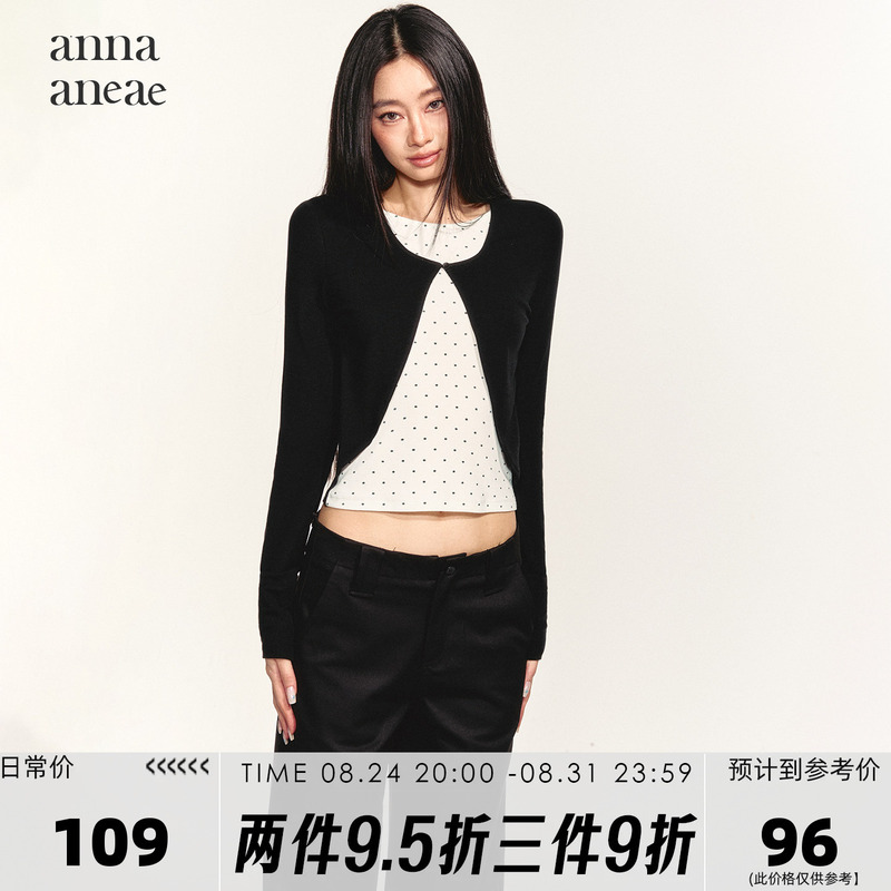 Anna Aneae Color-Block Polka Dot Faux Two-Piece Top for Women, Autumn Integrated Patchwork Long-Sleeve Short Knit Sweater, Trendy