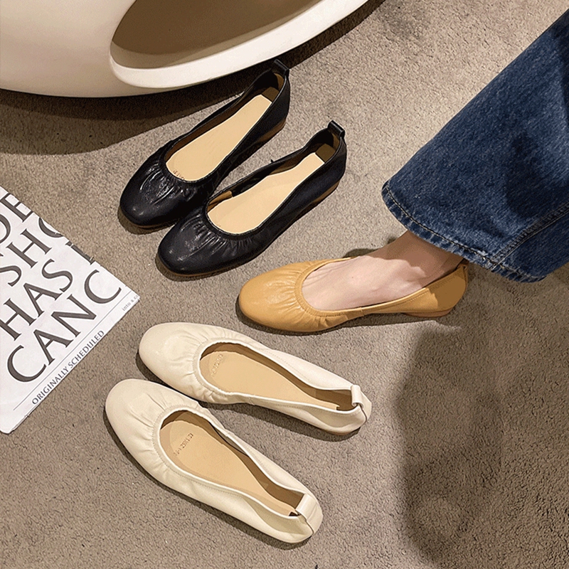 Women's Flats 2026 New Summer Style Flat Low Heel Soft Sole Shallow Mouth Ultra-Soft Lambskin Women's Genuine Leather Granny Shoes
