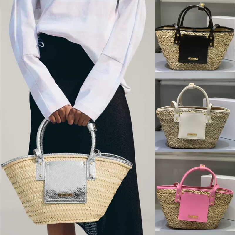 Jacquemus Straw Handbag for Women, New Style with Leather Trim, Raffia Basket Bag, Beach and Seaside Vacation Style