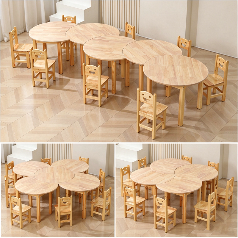 Kindergarten Solid Wood Children's Table and Chair Set, Crescent-Shaped Table, Curved Wooden Round Table, Early Education Hand-Assembled Large Desk