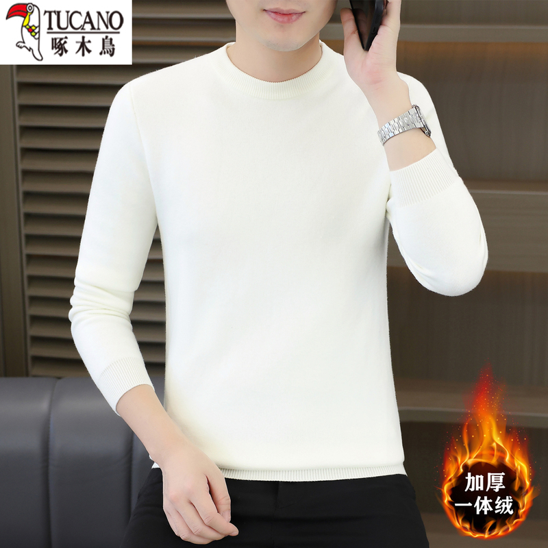 Woodpecker Slim-Fit Fleece Sweater for Men, Winter Round Neck Solid Color, Fleece-Lined and Thickened, White Inner Knit Base Shirt