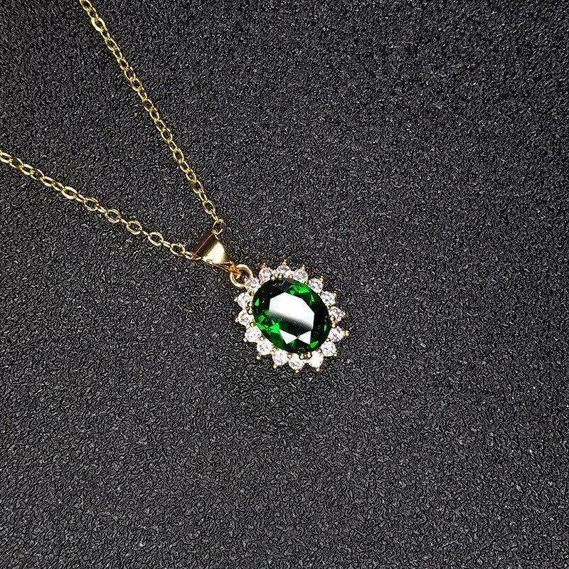 Feihong Sunflower Full Diamond Princess Diana Pendant Low-Luxury Imitation Emerald Necklace Garnet Ruby Princess Necklace