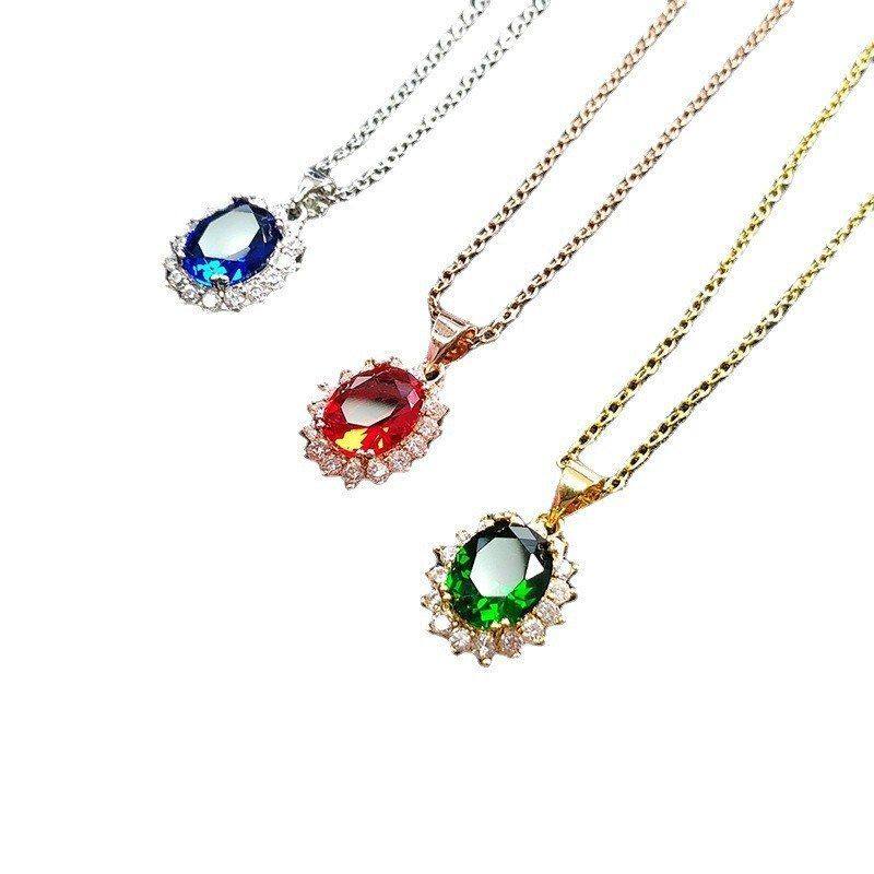 Feihong Sunflower Full Diamond Princess Diana Pendant Low-Luxury Imitation Emerald Necklace Garnet Ruby Princess Necklace