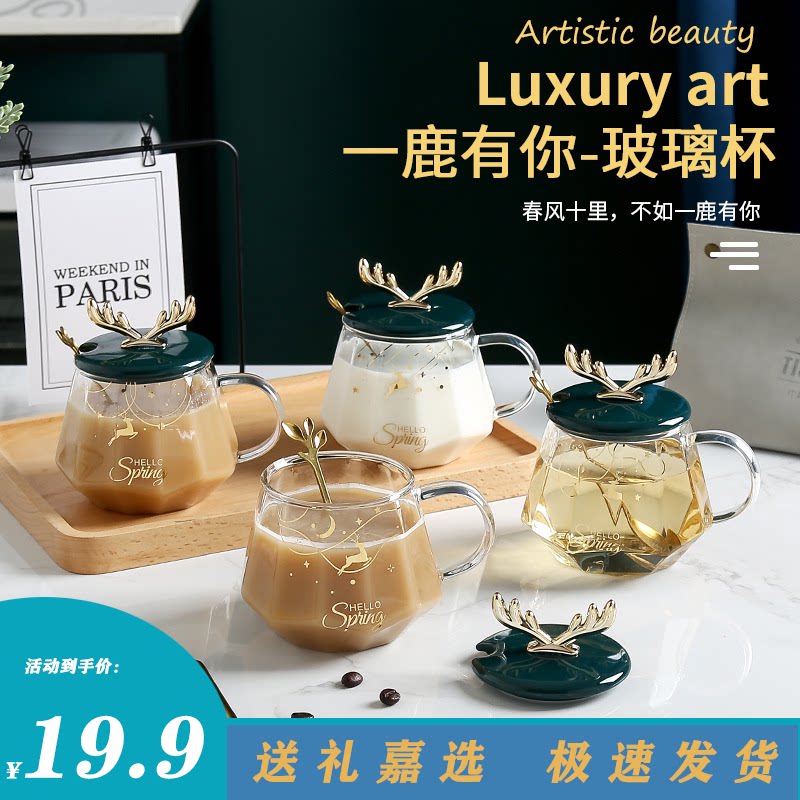 ins wind creativity elk glass mug high face value fruit cup tea cup office home daily water cup with lid spoon