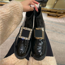 Top layer cowhide~RV Chelsea boots womens short boots square buckle rhinestone thick bottom Martin boots Ouyang Nana same boots