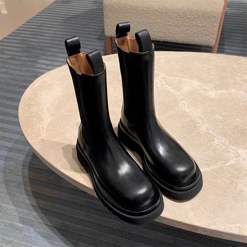 Factory Outlet ~ Leather Chelsea Short Boots Women's Medium Tube Cigarette Boots Small Height 8cm Thick Sole Martin Boots
