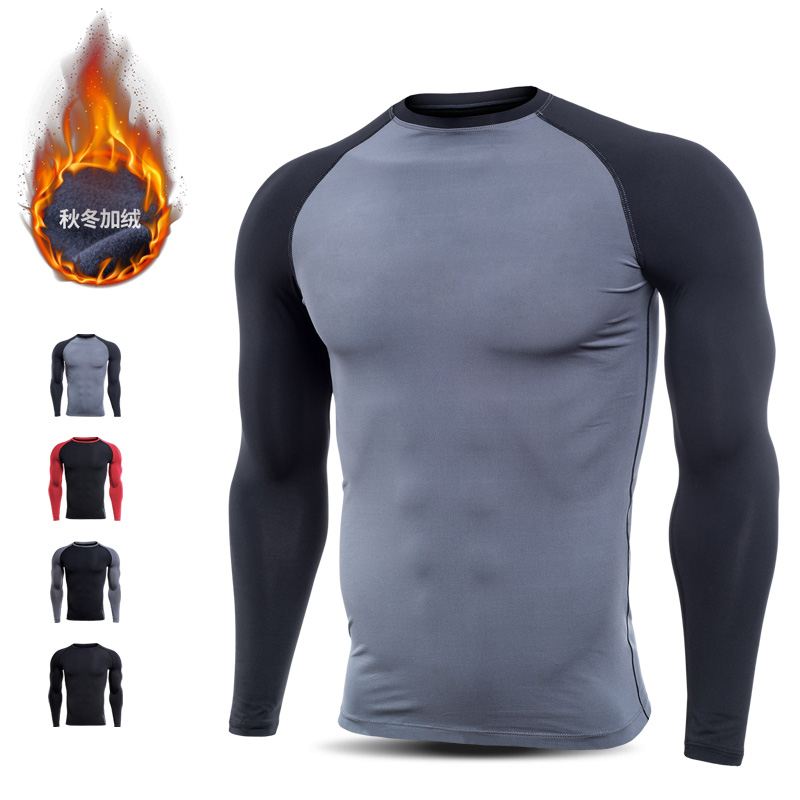 Sports Fitness Tight Fit Men's Long Sleeves Running Training Plus Suede Blouses Basketball Celeriatry Clothes High Bounty Compression Clothes Autumn Winter