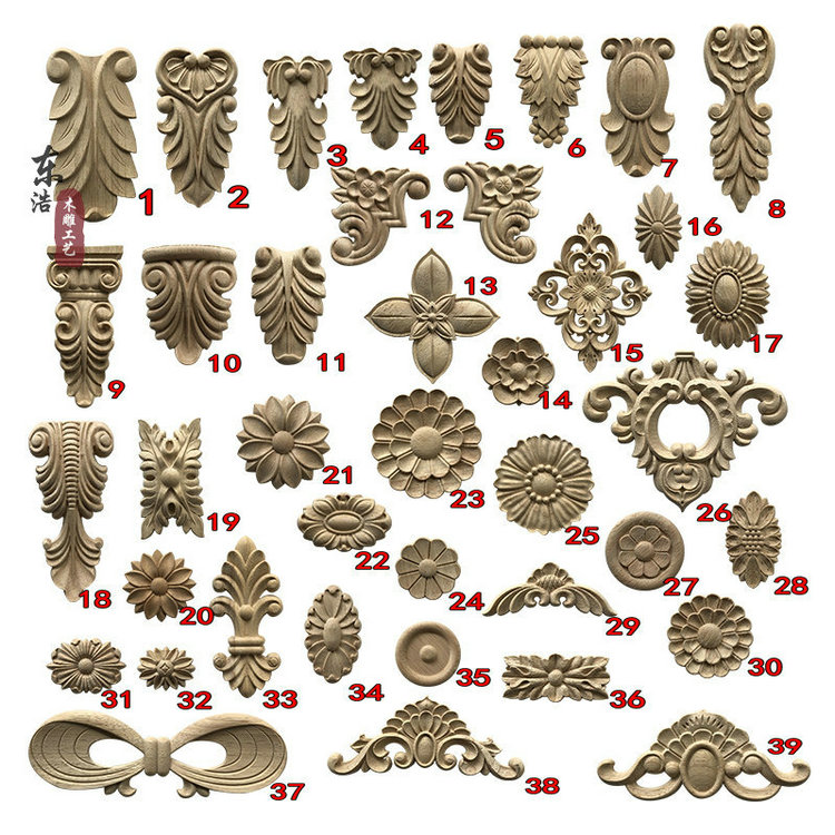 Solid wood small flower sheet European style wood carving patch cabinet furniture wood flower round flower vertical floral corner floral computer fine engraving-Taobao