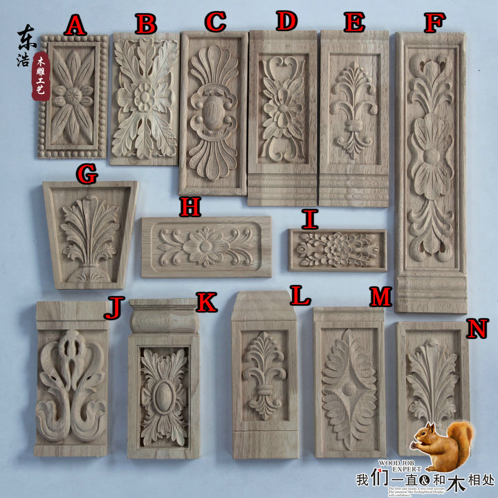 Dongyang wood carved rectangular applique European style wood flower square flower patch solid wood door applique with flower horizontal vertical flower