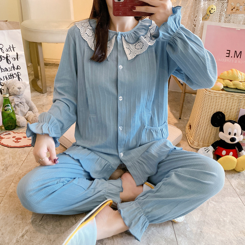 Moon clothes spring and autumn cotton cotton sweat absorption postpartum summer thin section March 45 nursing pregnant women pajamas Nursing women