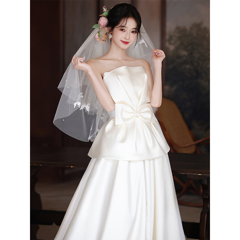 White Strapless Evening Dress for Women 2026 New Style Light Wedding Dress for Marriage Registration Engagement Robe Bride's Birthday Coming-Of-Age Ceremony