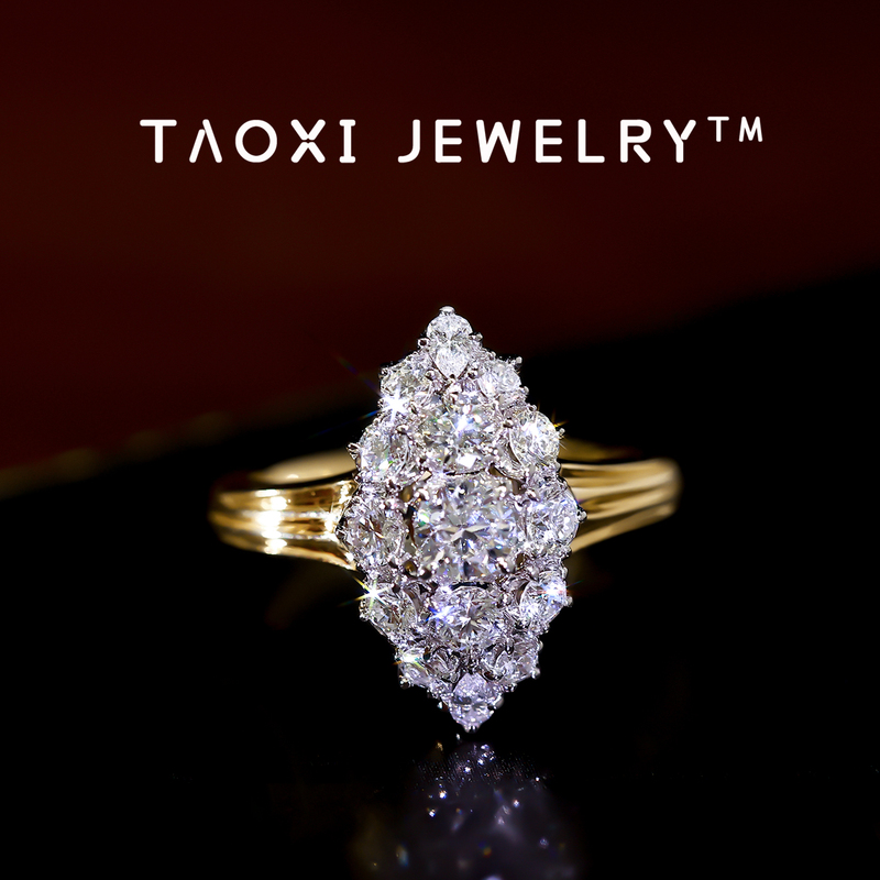 Xiaochuan Taoxi Jewelry Navette Natural Diamond 18K Gold Row Diamond Ring Vintage Old Money Elegance Versatile