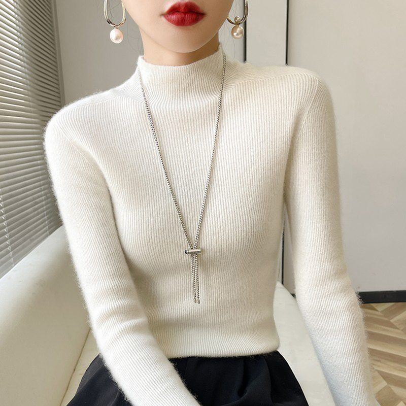 Hot Item! Seamless One-Piece Half-Turtleneck Cashmere Sweater for Women, Cashmere Sweater for Autumn and Winter, Solid Color Slim-Fit Wool Base Layer