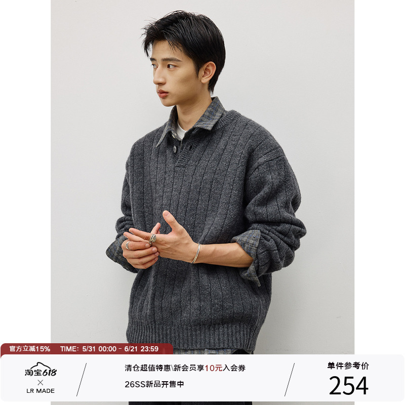 Lr Made Classic Henley Collar Heavy Alpaca-Like Lazy Warm Pullover Knit Sweater