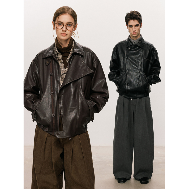 Lr Made 26Aw Irregular Doorstop Design Slanted Webbing Button Vintage Oversized Pu Leather Jacket Lr Made 26Aw Irregular Doorstop Design Slanted Webbing Button Vintage Oversized Pu Leather Jacket