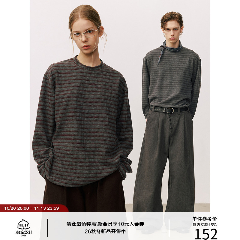 Lr Made 26Aw 270g Thick Knit Custom-Woven Color-Blocked Stripes Vintage Versatile Long-Sleeve Round-Neck T-Shirt