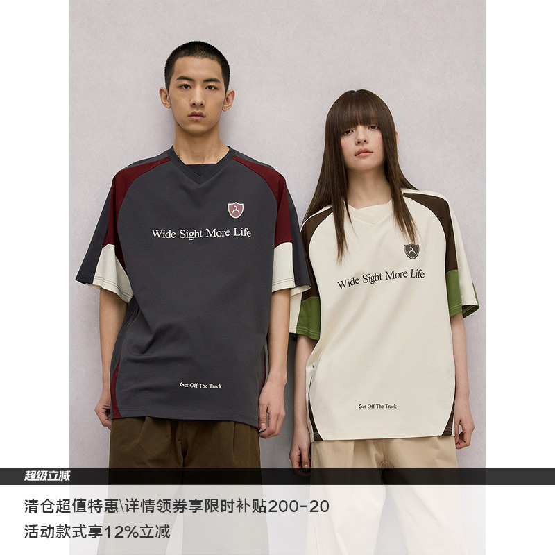 Lr Made Racing Retro Color-Blocking Irregular Splicing Sports Loose V-Neck Short-Sleeve Jersey T-Shirt