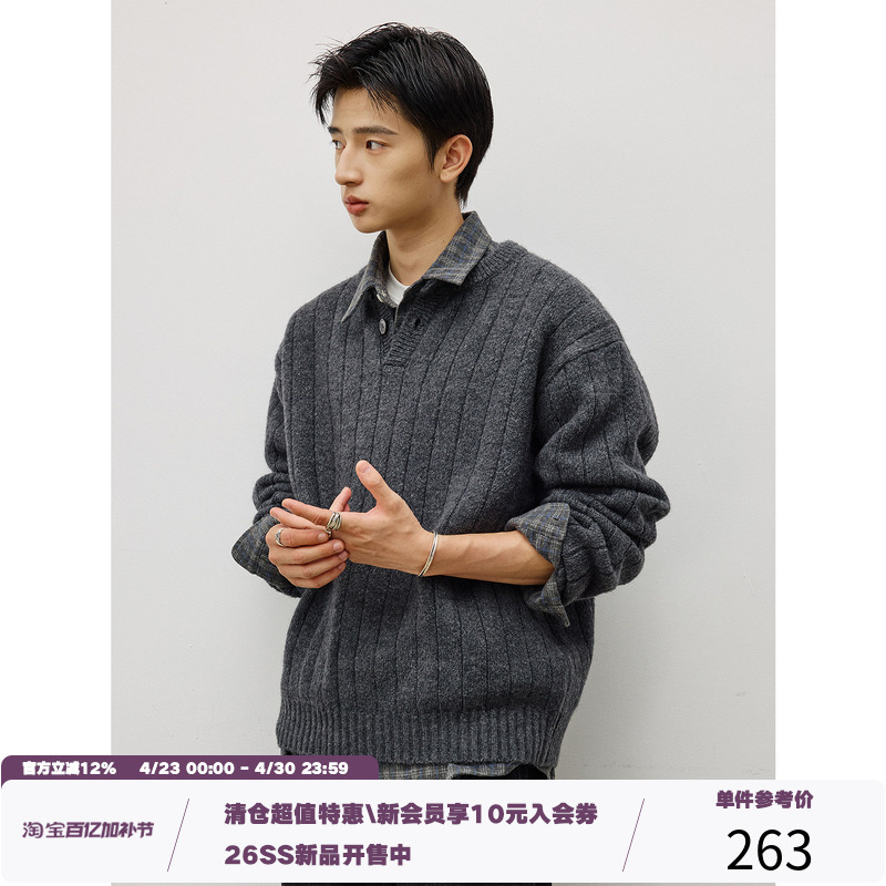 Lr Made Classic Henley Collar Heavy Alpaca-Like Lazy Warm Pullover Knit Sweater