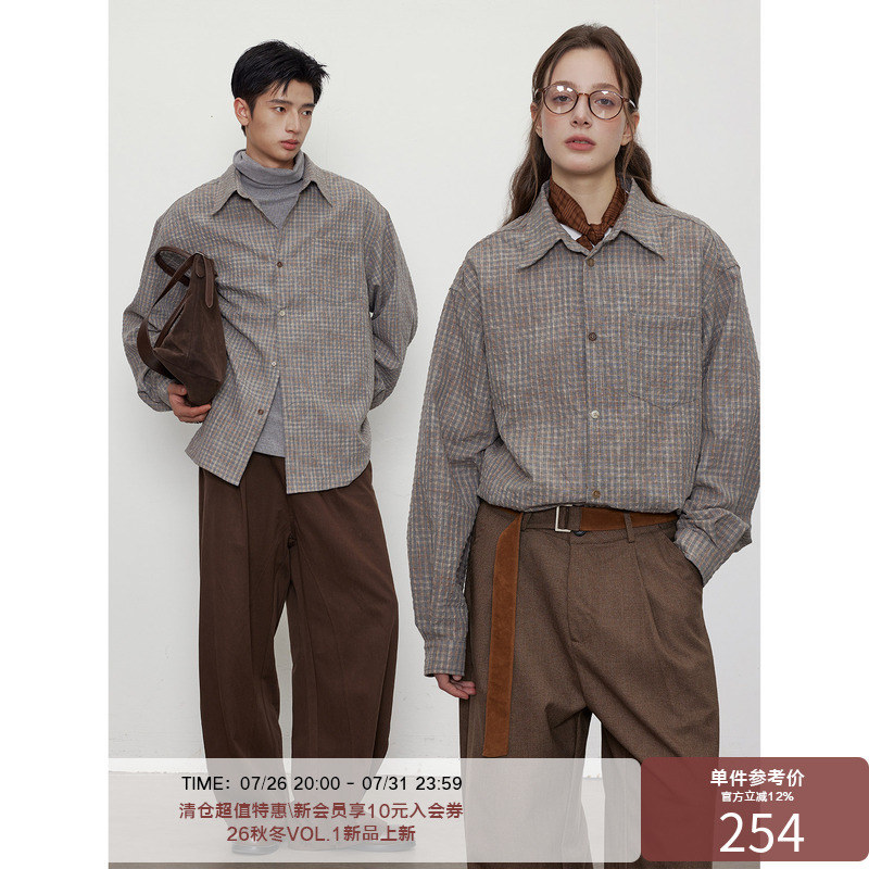 Lr Made Gradient Color Buttons, Earth Tones, Micro Bubble Texture, Vintage Long-Sleeved Plaid Shirt Lr Made Gradient Color Buttons, Earth Tones, Micro Bubble Texture, Vintage Long-Sleeved Plaid Shirt