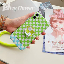 Fluorescent green checkerboard cell phone shell applicable iPhone Apple full package soft shell with hanging rope can be strangle and hang neck