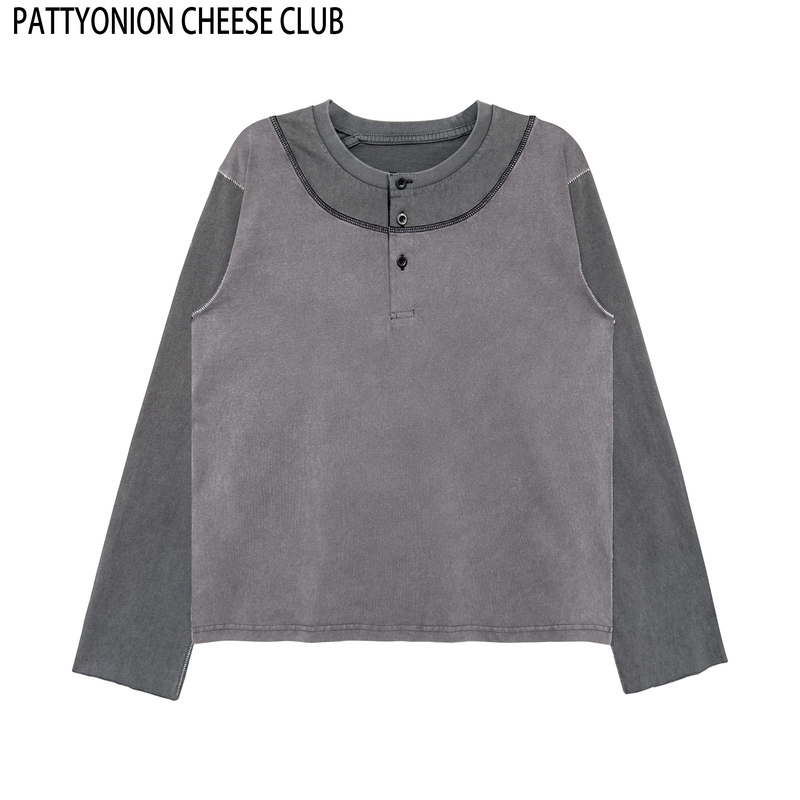Misaligned Patchwork Henry Collar Color-Blocked Topstitching Washed Frayed Long-Sleeve T-Shirt