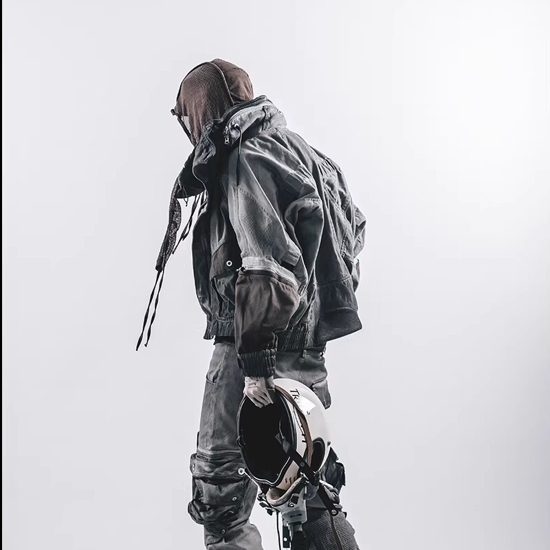 Drkle1 2026 Spring/Summer Short Silhouette Stand Collar Hidden Hood Functional Style Washed and Distressed Jacket Coat